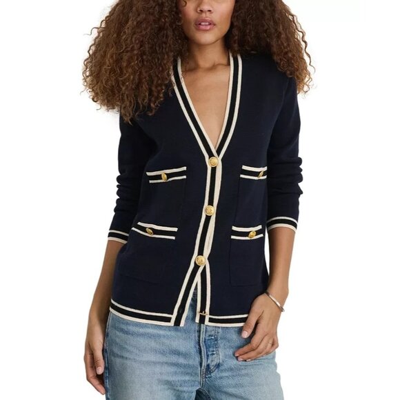 Alex Mill Greta Navy Blue White Stripe Trim Gold Button Cardigan Sweater XS /346 - Picture 1 of 9